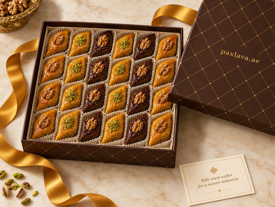 Signature gift box in walnut brown with a gold diamond pattern, filled with 32 pieces of paxlava